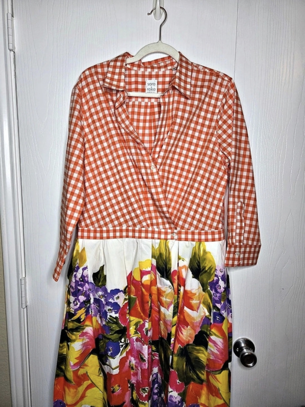 Sara Roka Mixed Pattern Gingham Floral Midi Shirtdress US XL 12 IT 48 Cotton